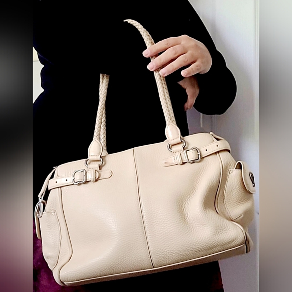 BRIGHTON Genuine Pebbled Grain Leather Hand/Shoulder Bag Organizer Braided Cream